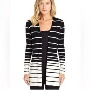 J McLaughlin 100% Italian Merino Wool Striped Black &Cream Open Front Cardigan